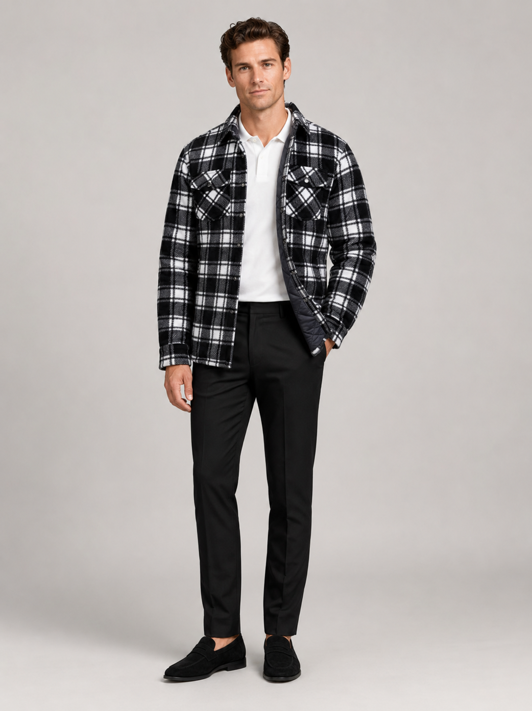 Black quilted jacket for men plaid flannel lined warm fall winter outerwear for everyday wear