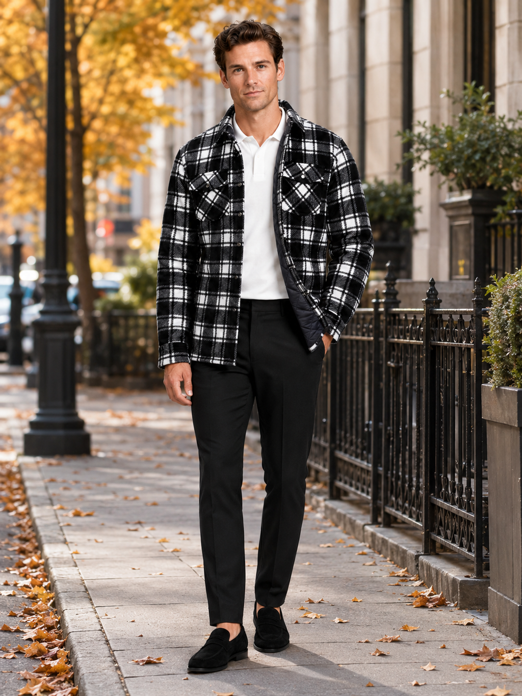 Man styling black quilted jacket with plaid flannel lining in a modern outdoor and everyday winter lifestyle outfit