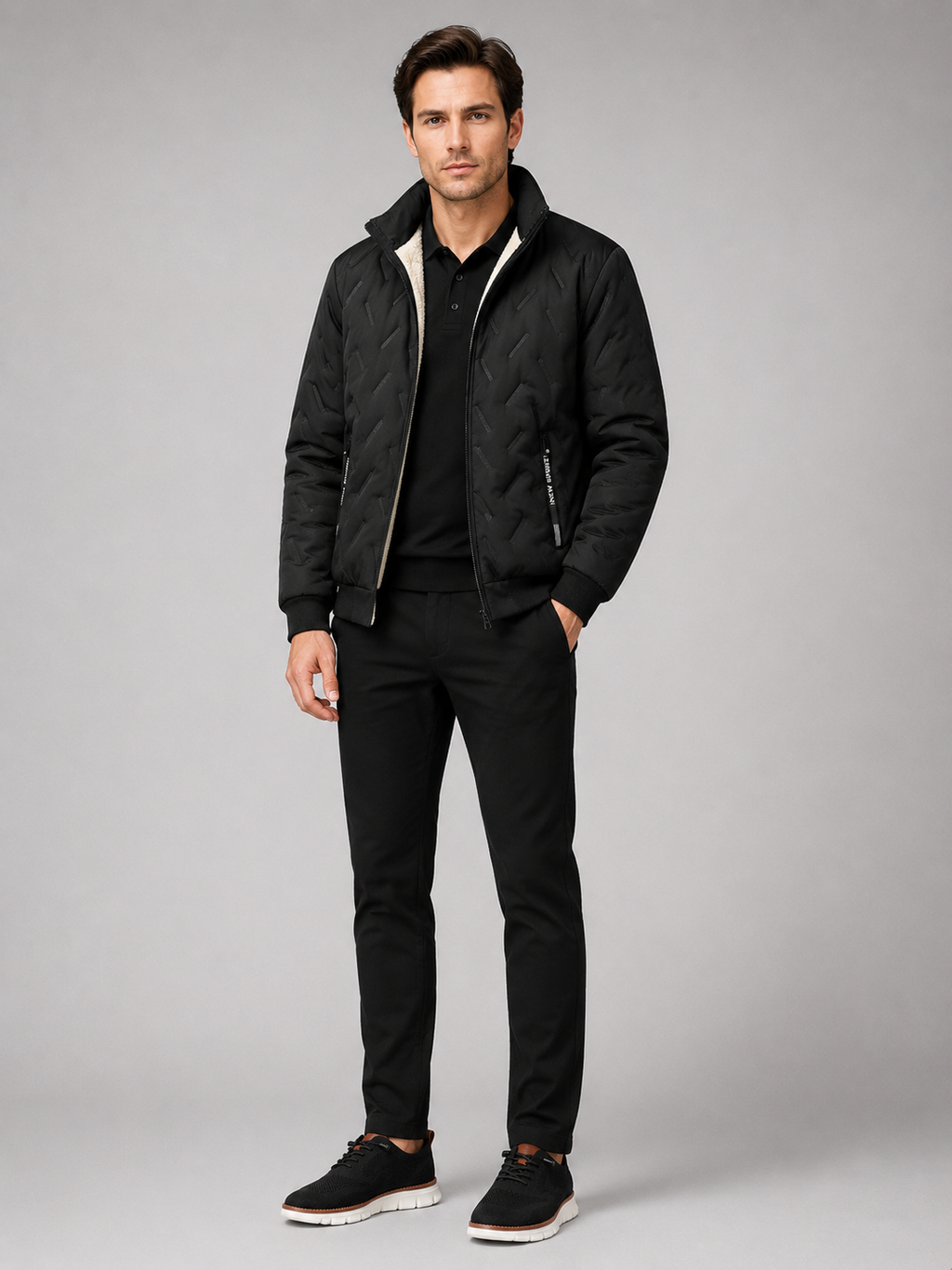 Black quilted jacket for men windproof warm winter outerwear for outdoor and everyday wear