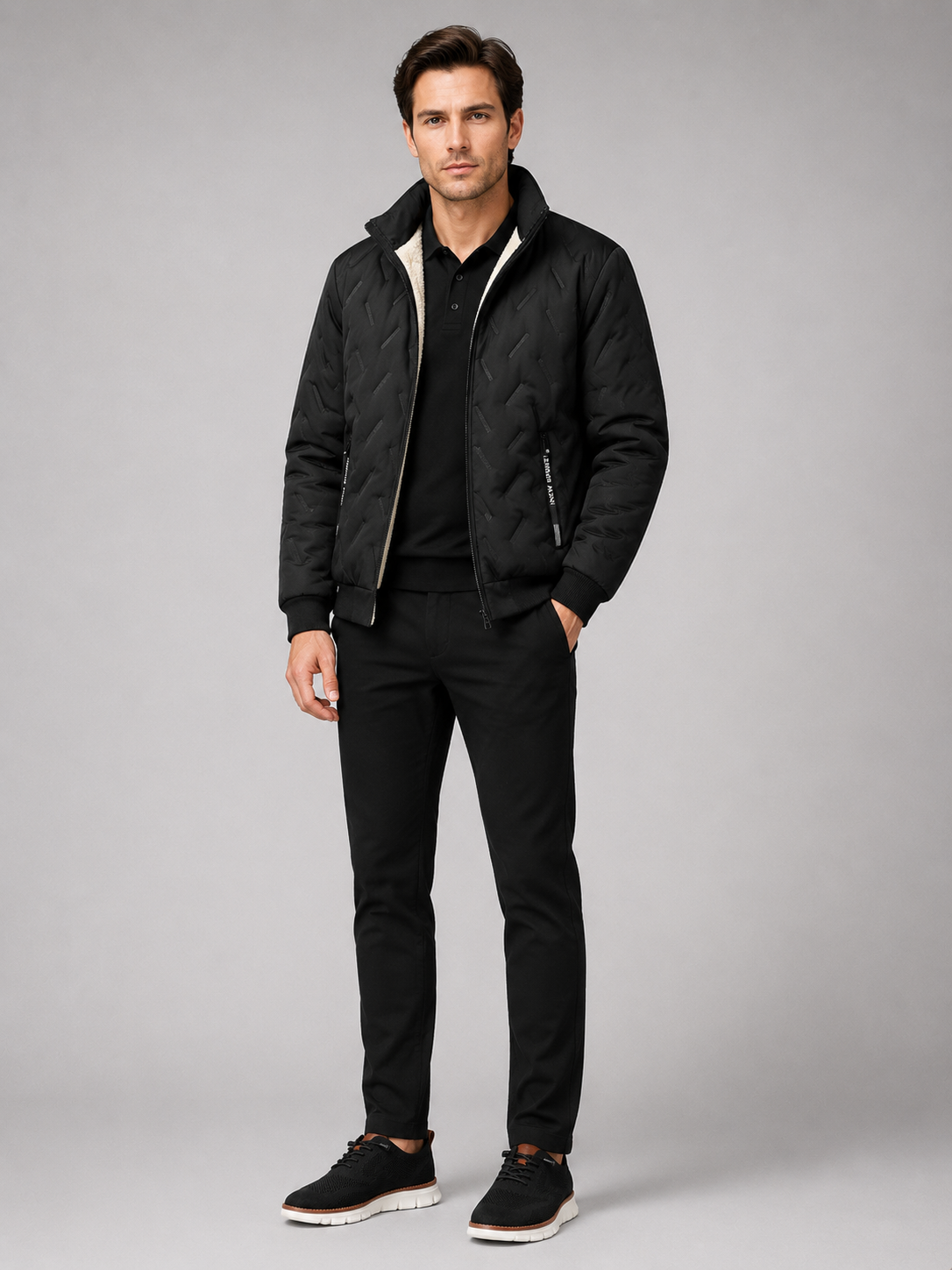 Black quilted jacket for men windproof warm winter outerwear for outdoor and everyday wear