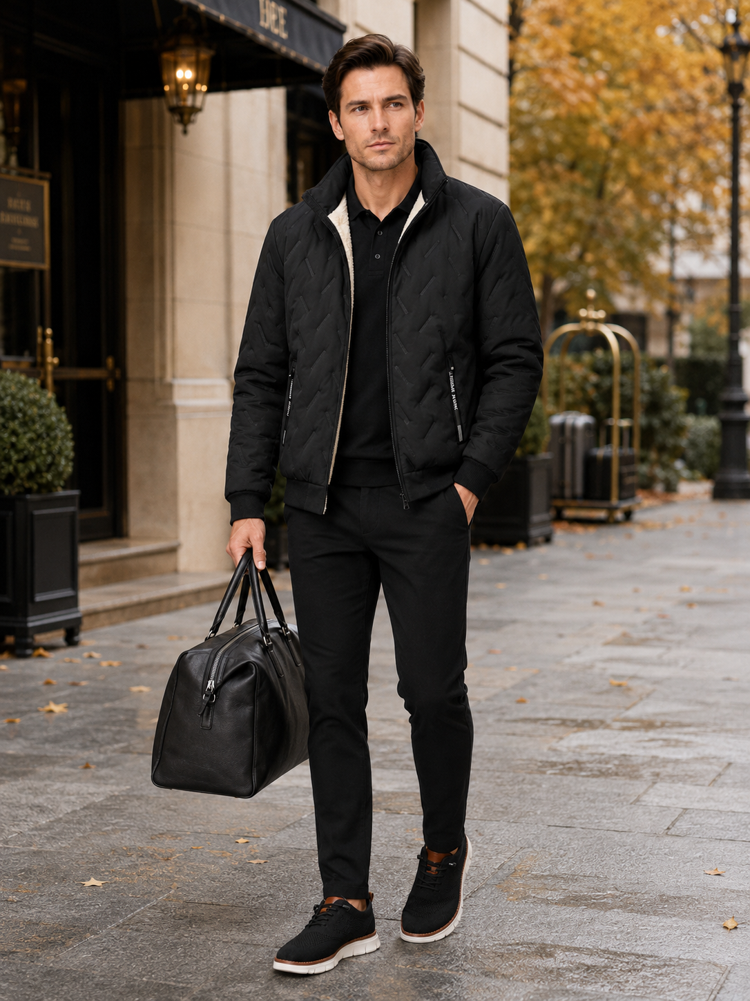 Man styling black quilted jacket in a modern outdoor and everyday winter lifestyle outfit