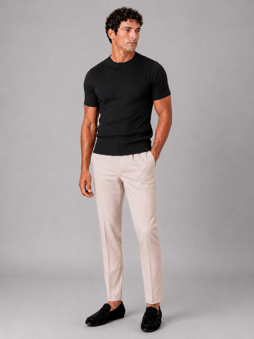 Black ribbed fit t shirt for men lightweight breathable casual summer wear