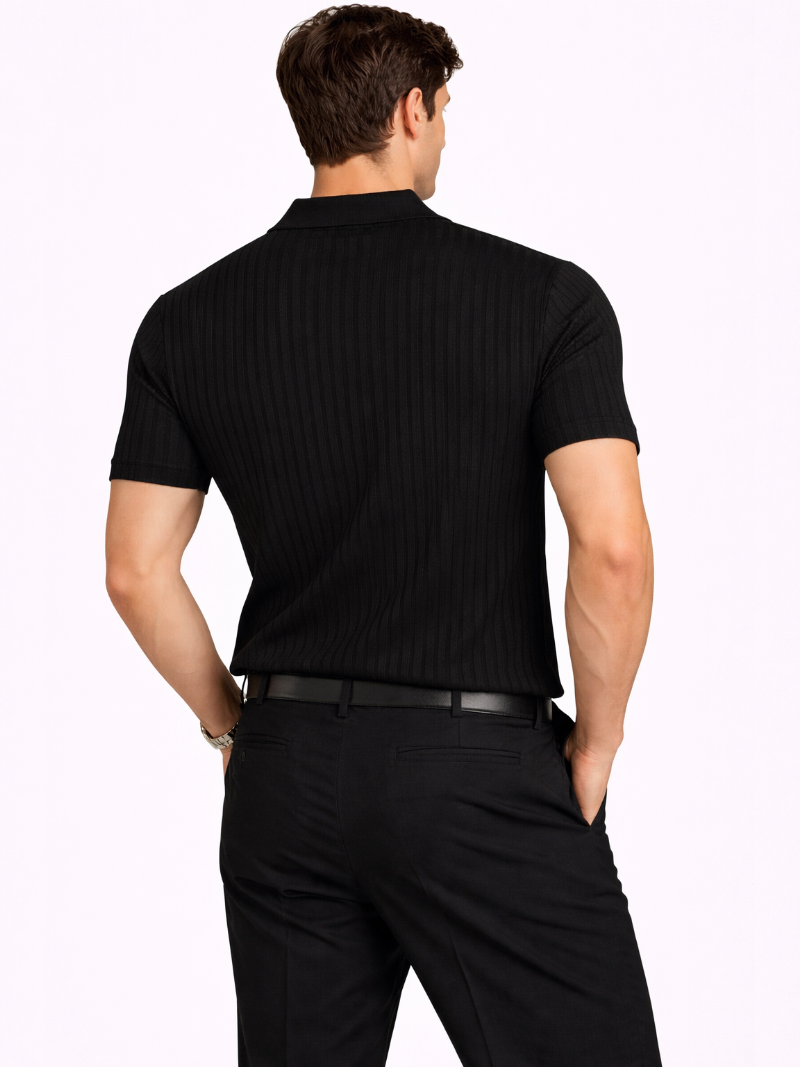 Men’s black ribbed knit polo refined style breathable structured knit shirt elegant fit