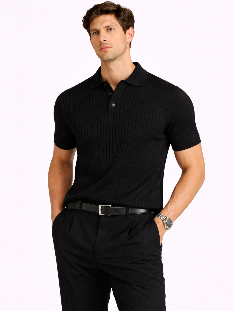 Black ribbed knit polo for men lightweight breathable summer luxury shirt tailored fit
