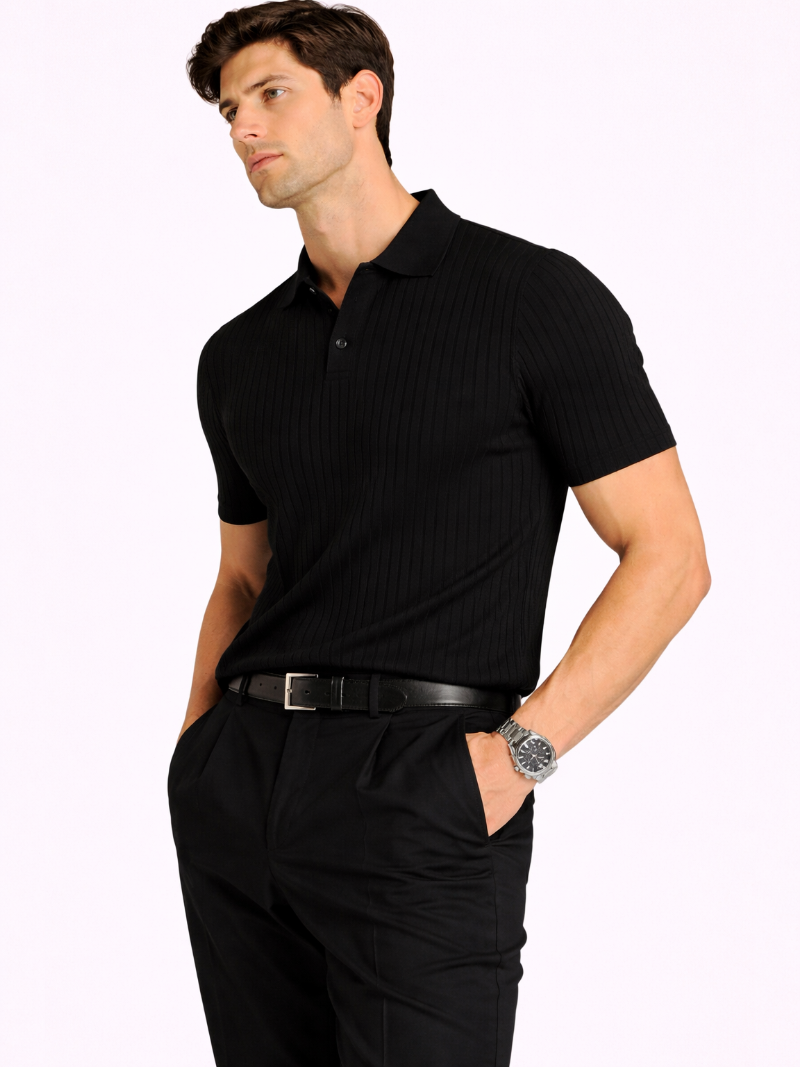 Luxury black ribbed knit polo men breathable structured shirt refined casual outfit