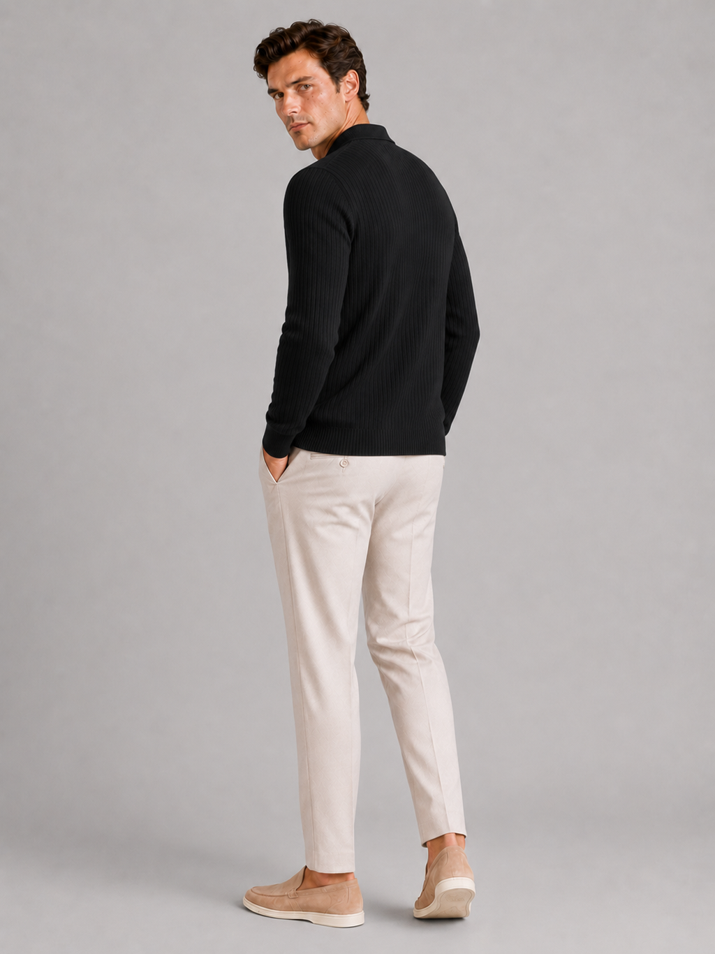 Men’s black ribbed polo shirt breathable casual top for business and smart casual outfits