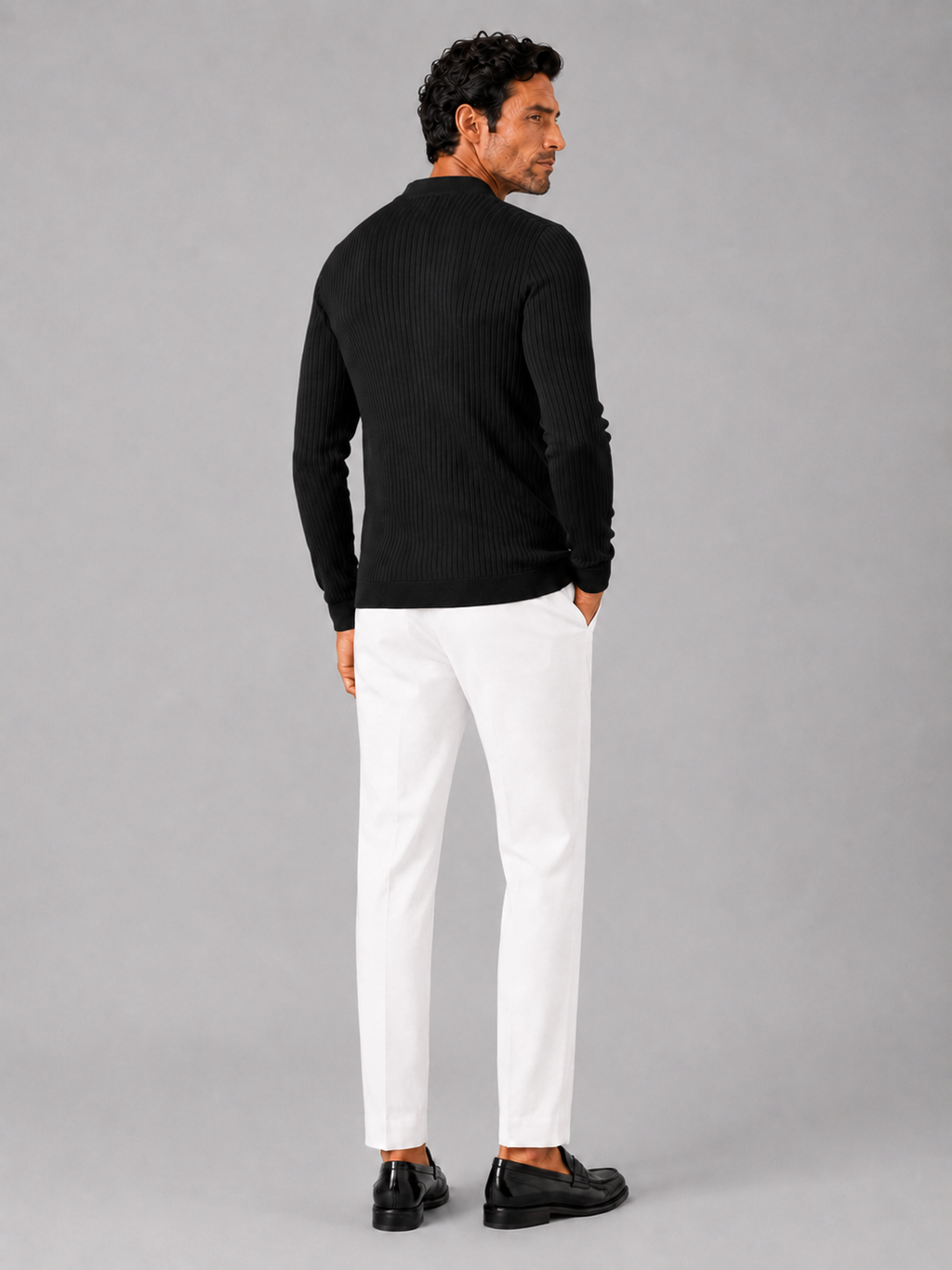 Men’s black ribbed stripe polo shirt comfortable long sleeve knit top for winter wear