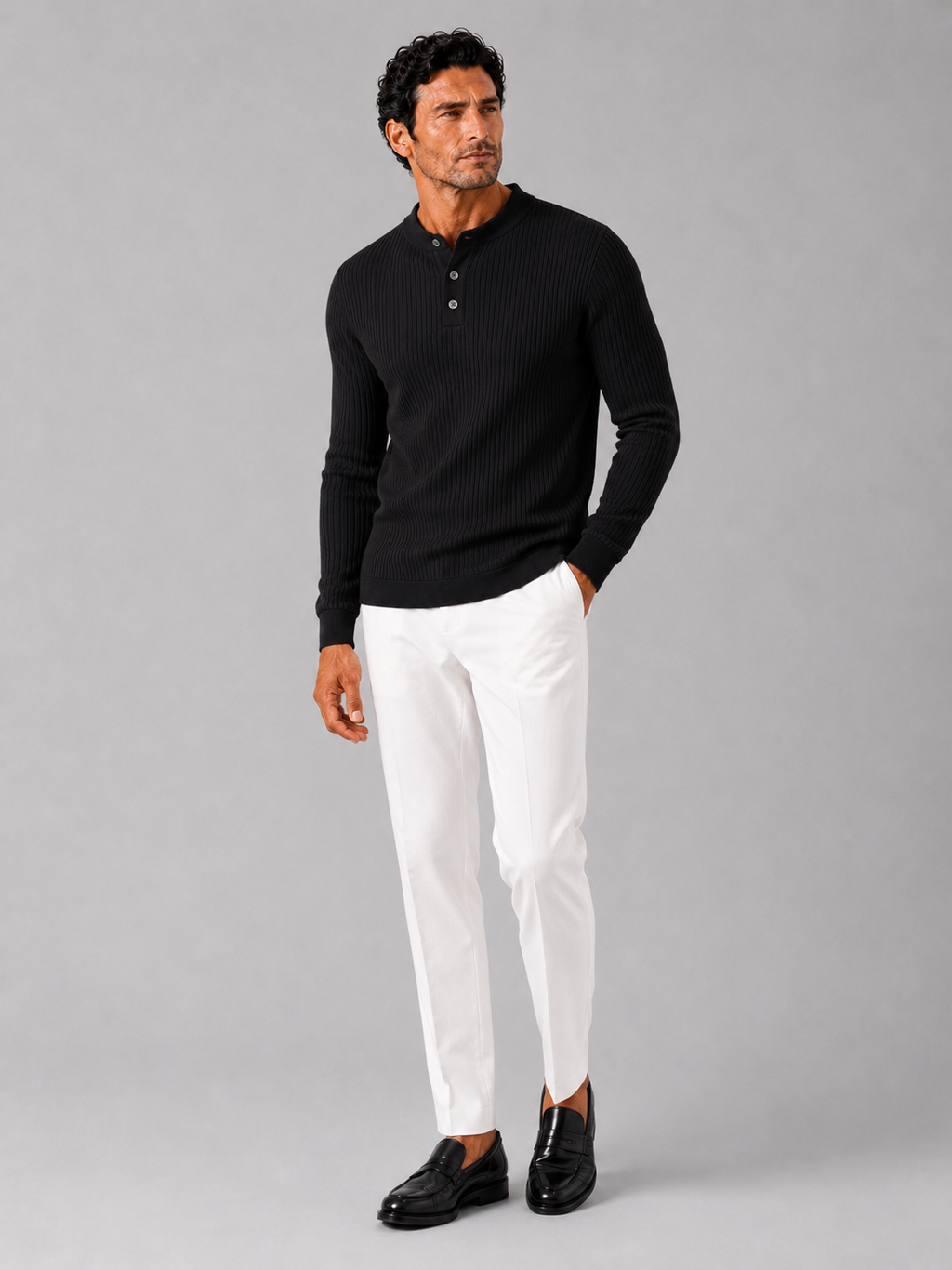 Black slim fit henley polo shirt for men long sleeve business casual autumn top