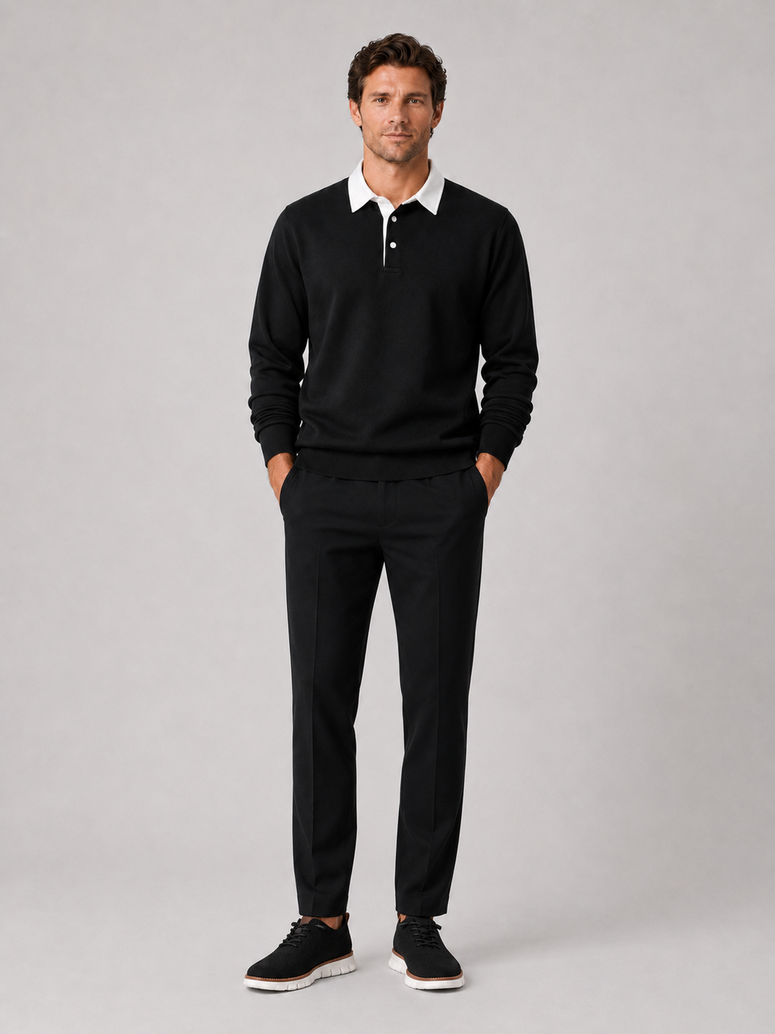 Black rugby polo shirt for men long sleeve loose fit top for everyday wear