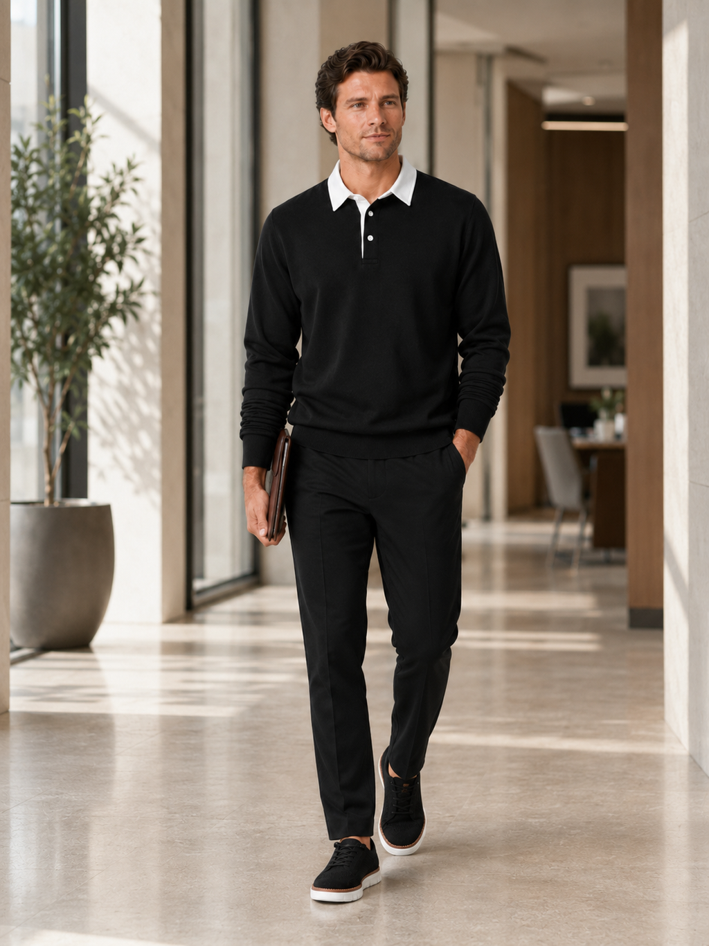 Man styling black rugby polo shirt in a modern everyday business casual lifestyle outfit