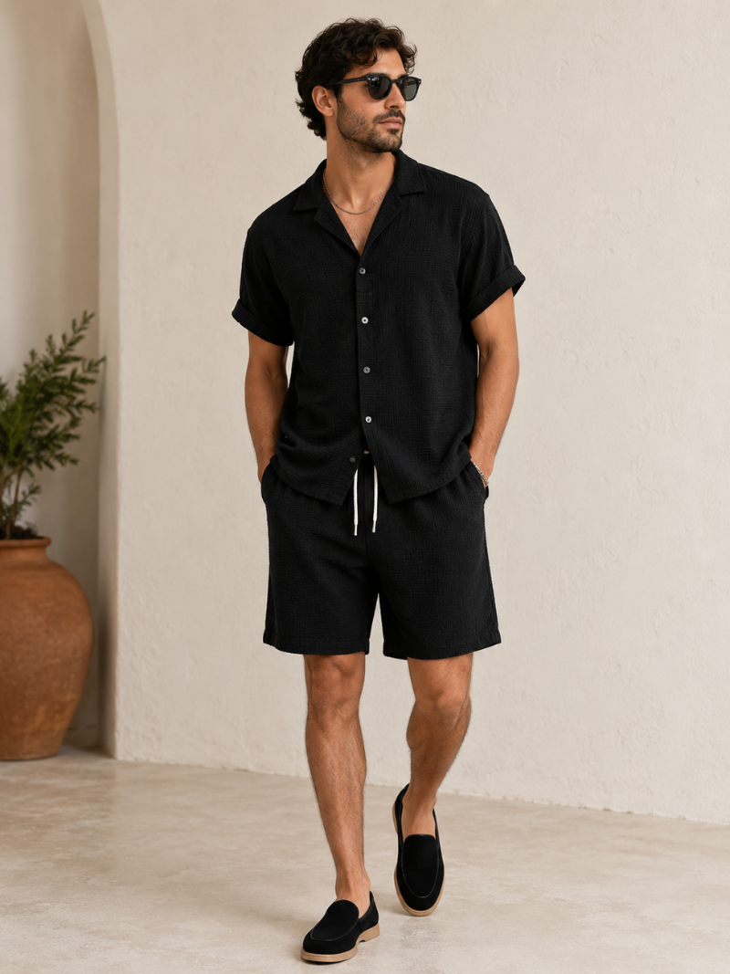 Men wearing black short sleeve shirt and shorts set lightweight breathable modern summer style