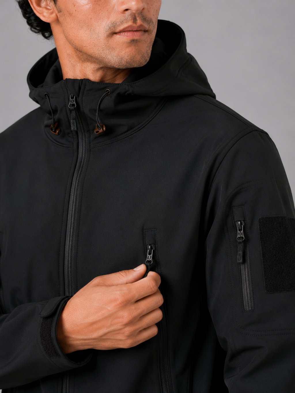 Close up of black tactical jacket showing waterproof soft shell fabric and hood detail