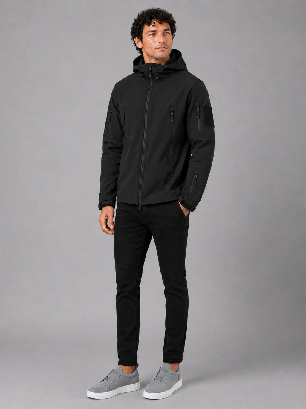 Black tactical workwear jacket for men windproof hooded bomber coat for hiking wear
