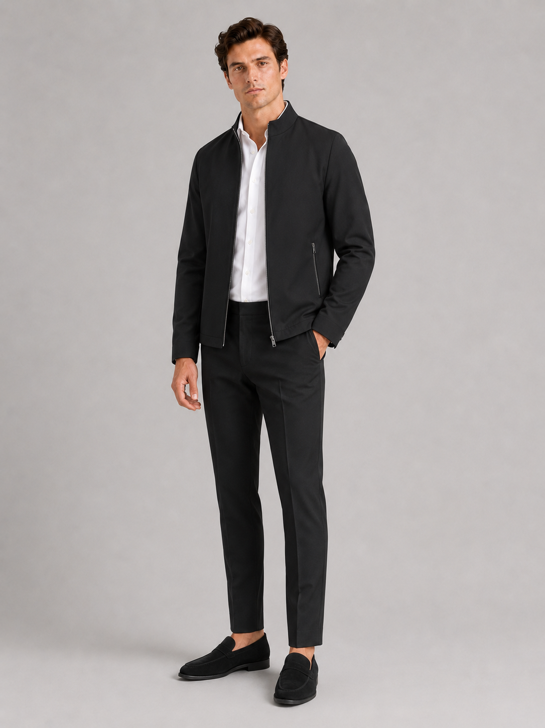 Black stand collar jacket for men casual fall outerwear for commuting and everyday wear