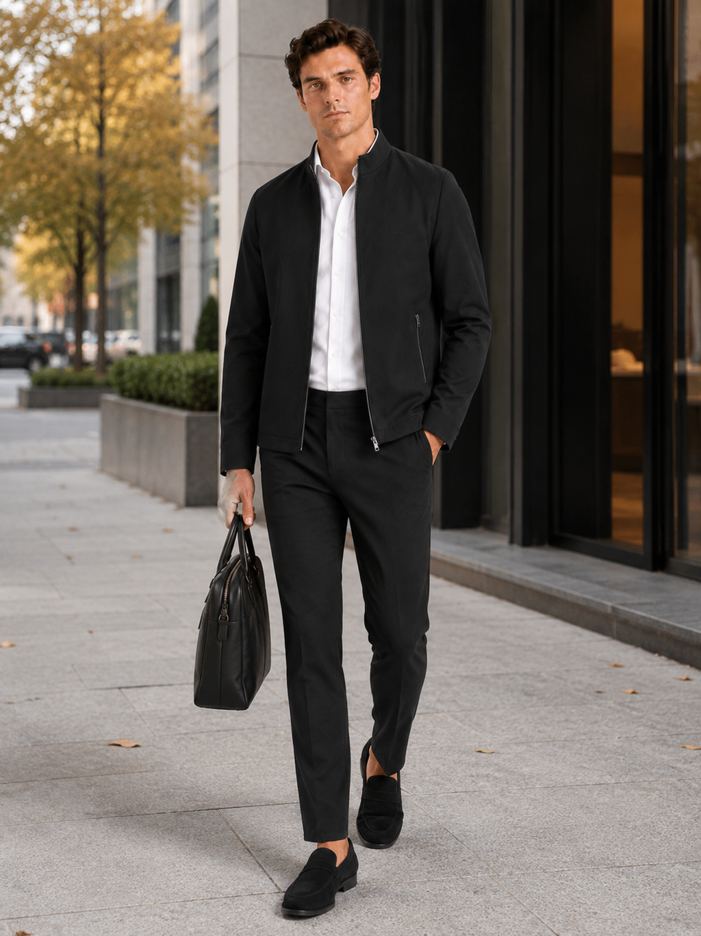 Man styling black stand collar jacket in a modern business commuting and everyday lifestyle outfit