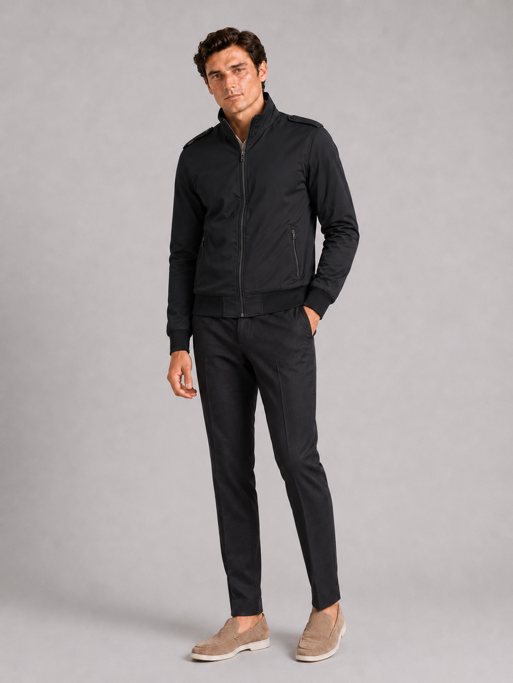 Black slim fit trench jacket for men tailored outerwear for office and travel wear