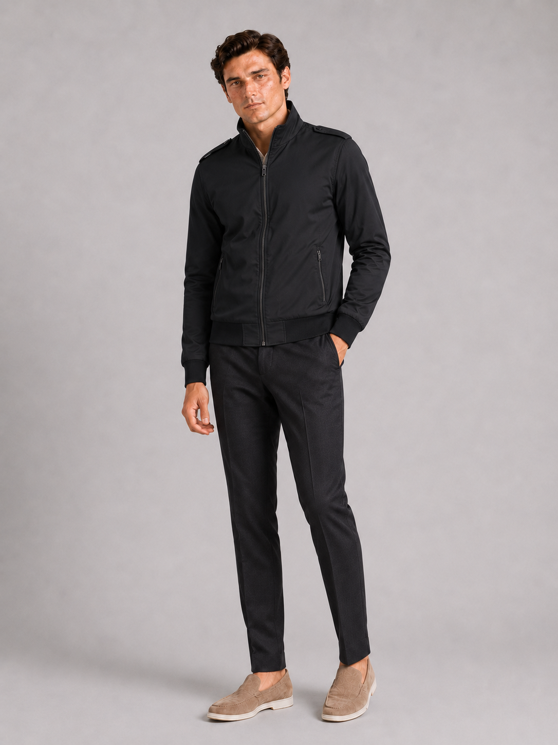 Black slim fit trench jacket for men tailored outerwear for office and travel wear