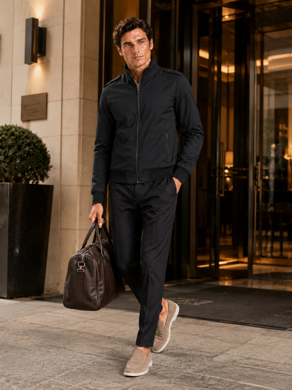Man styling black trench jacket in a sleek office travel and smart casual lifestyle outfit