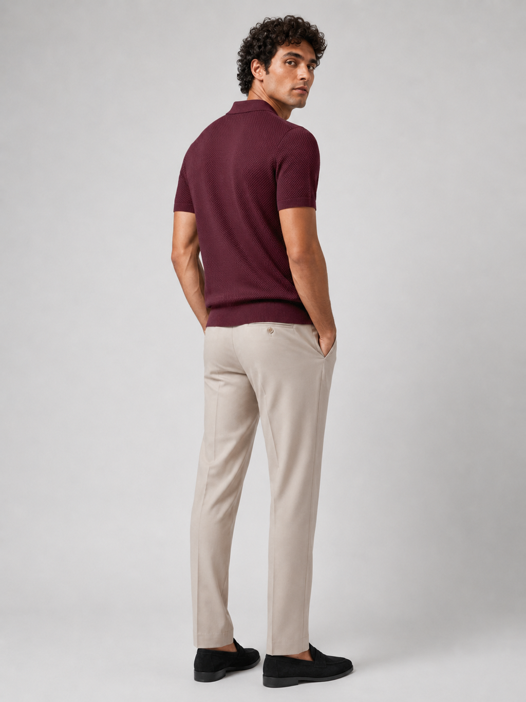 Men’s wine breathable knit polo shirt soft stretch fabric for smart casual outfits