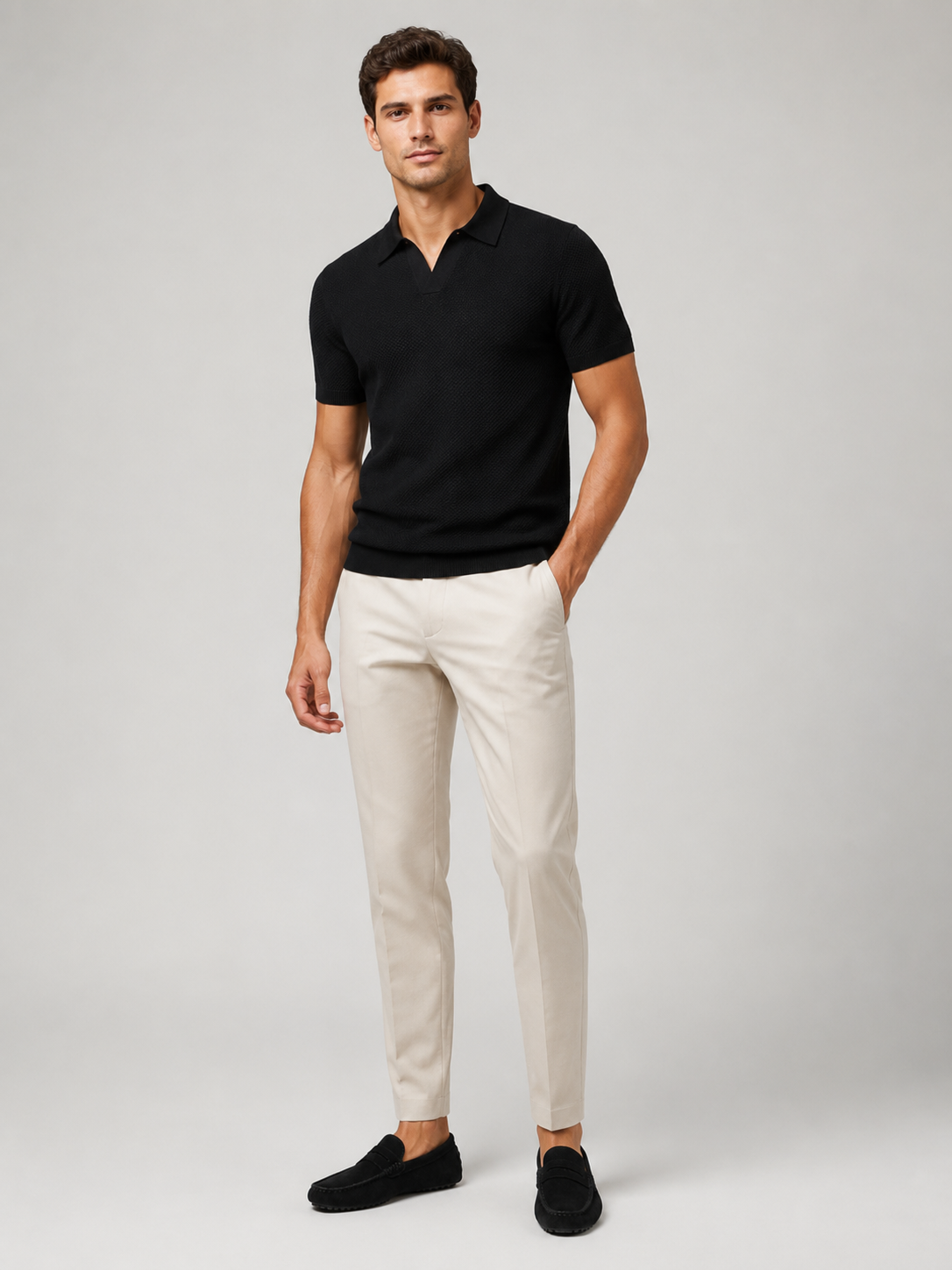 Black short sleeve knit polo for men comfortable lightweight summer casual wear