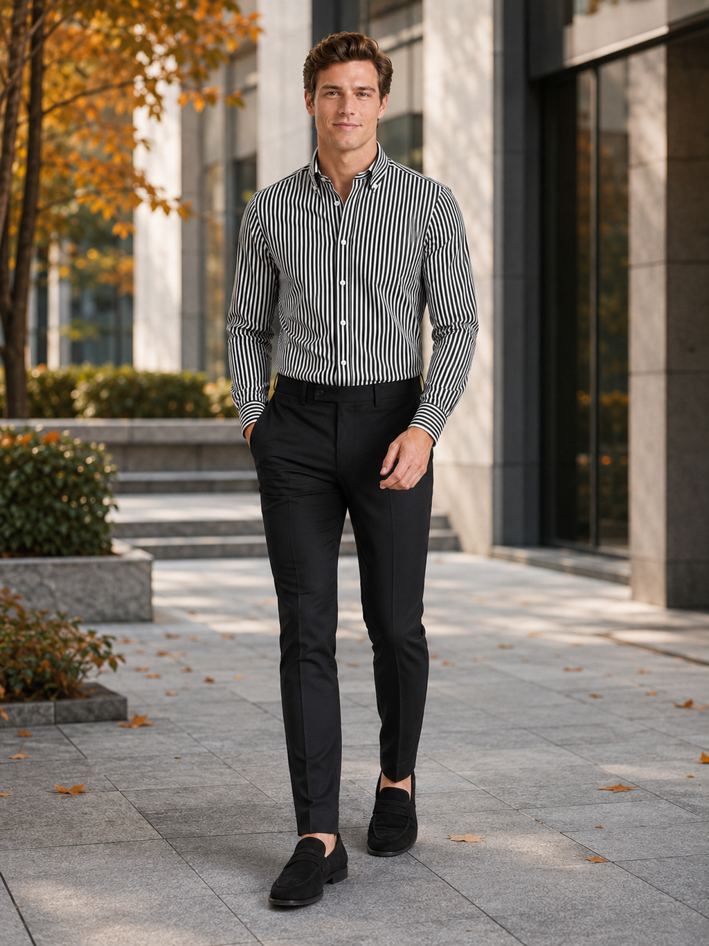 Man styling black striped button down shirt in a modern office and business casual outfit