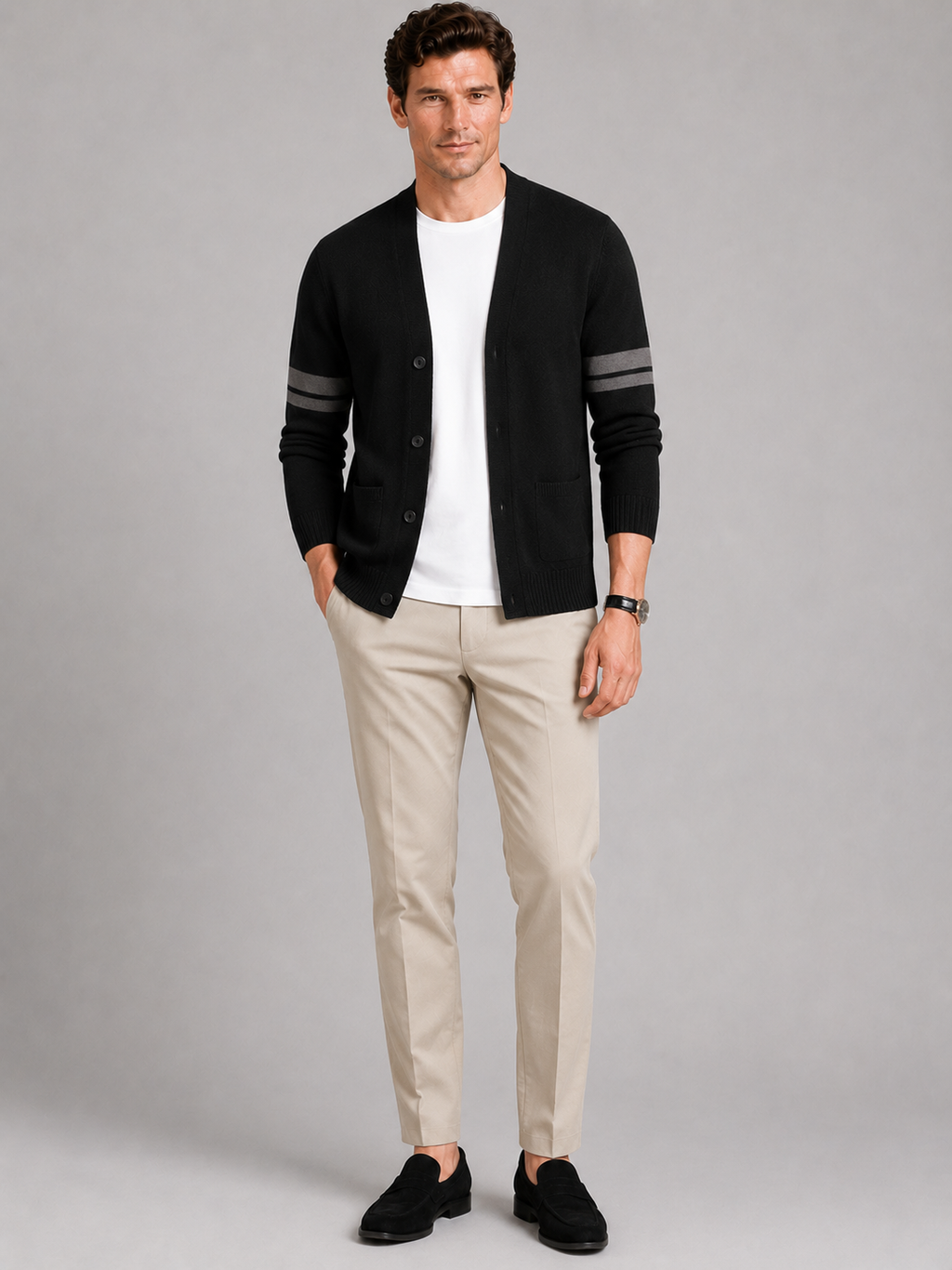 Black striped cardigan sweater for men lightweight spring layer for everyday wear