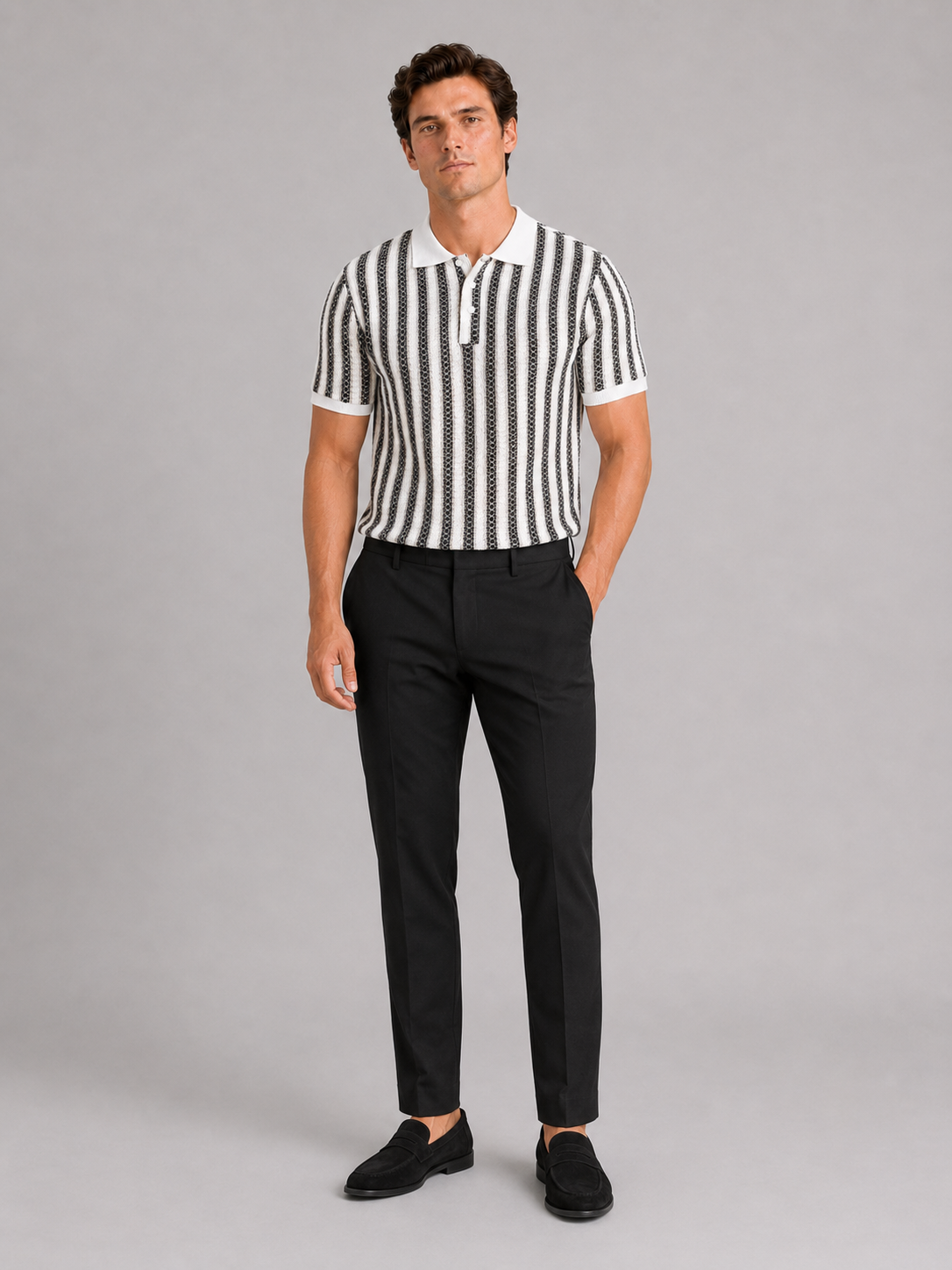 Black striped ice silk polo shirt for men lightweight summer top for vacation and outdoor wear