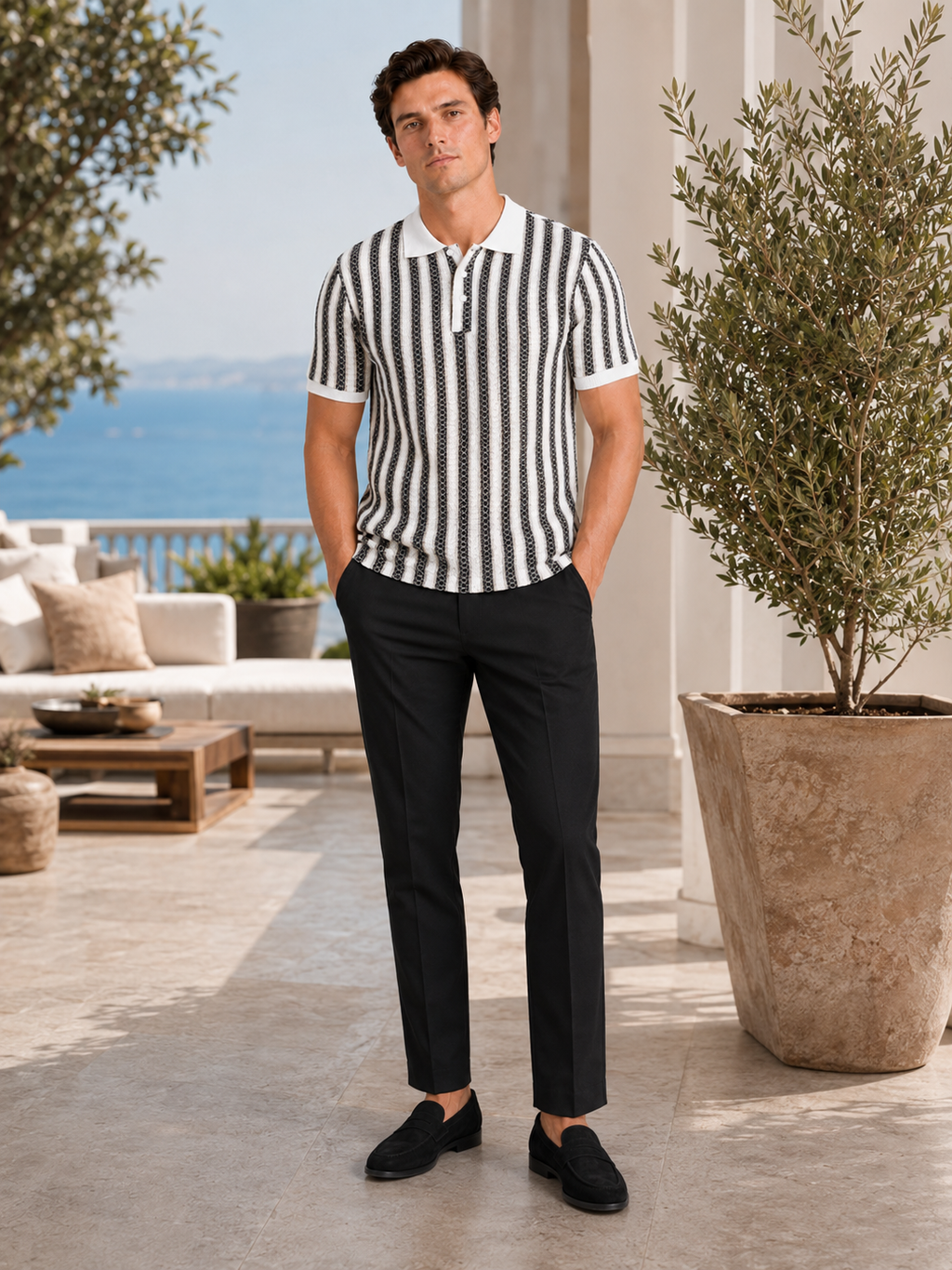 Man styling black striped ice silk polo shirt in a modern summer vacation lifestyle outfit