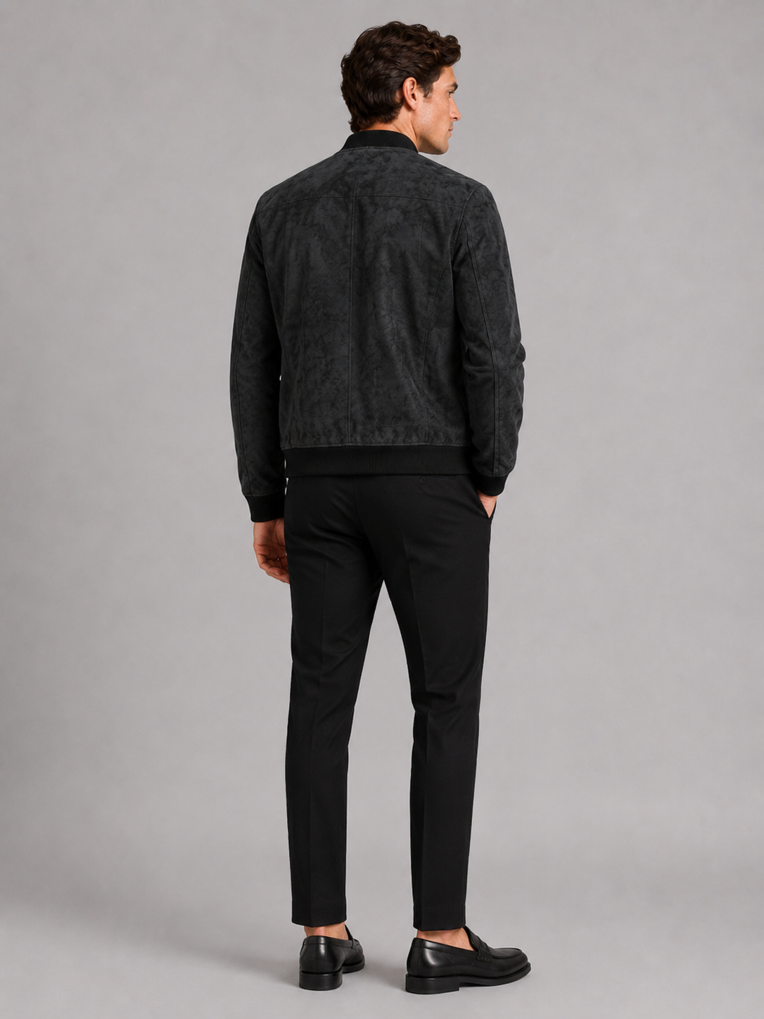 Men’s black suede bomber jacket comfortable fall layer for casual and streetwear outfits