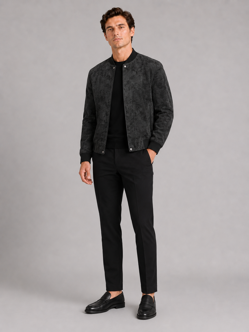 Black suede moto jacket for men lightweight windproof outerwear for travel and everyday wear