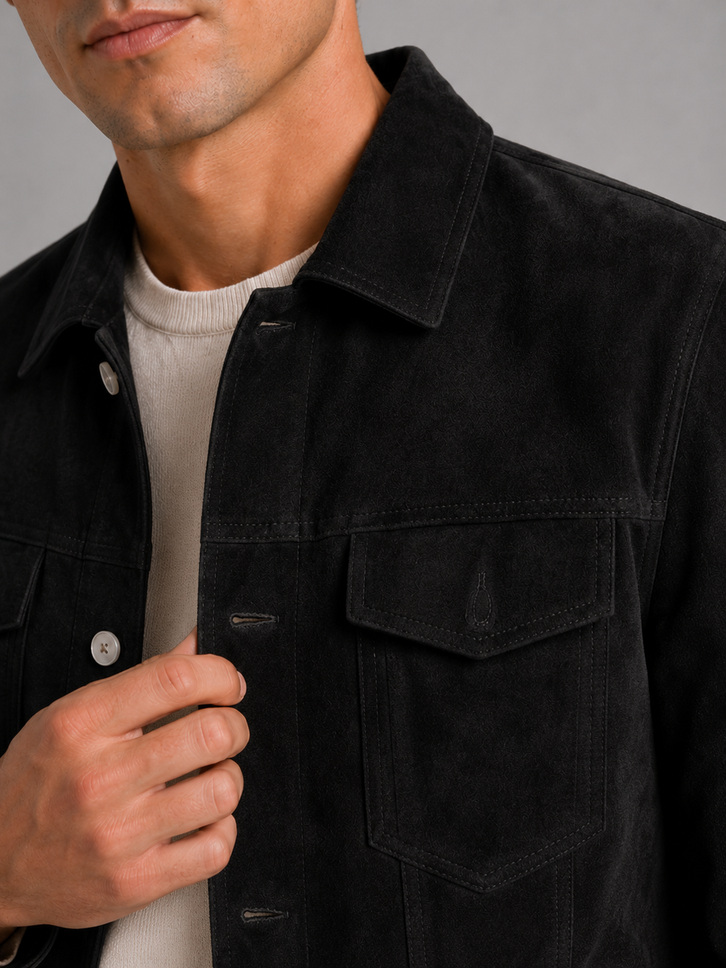 Close up of black suede jacket showing soft texture and refined collar detail