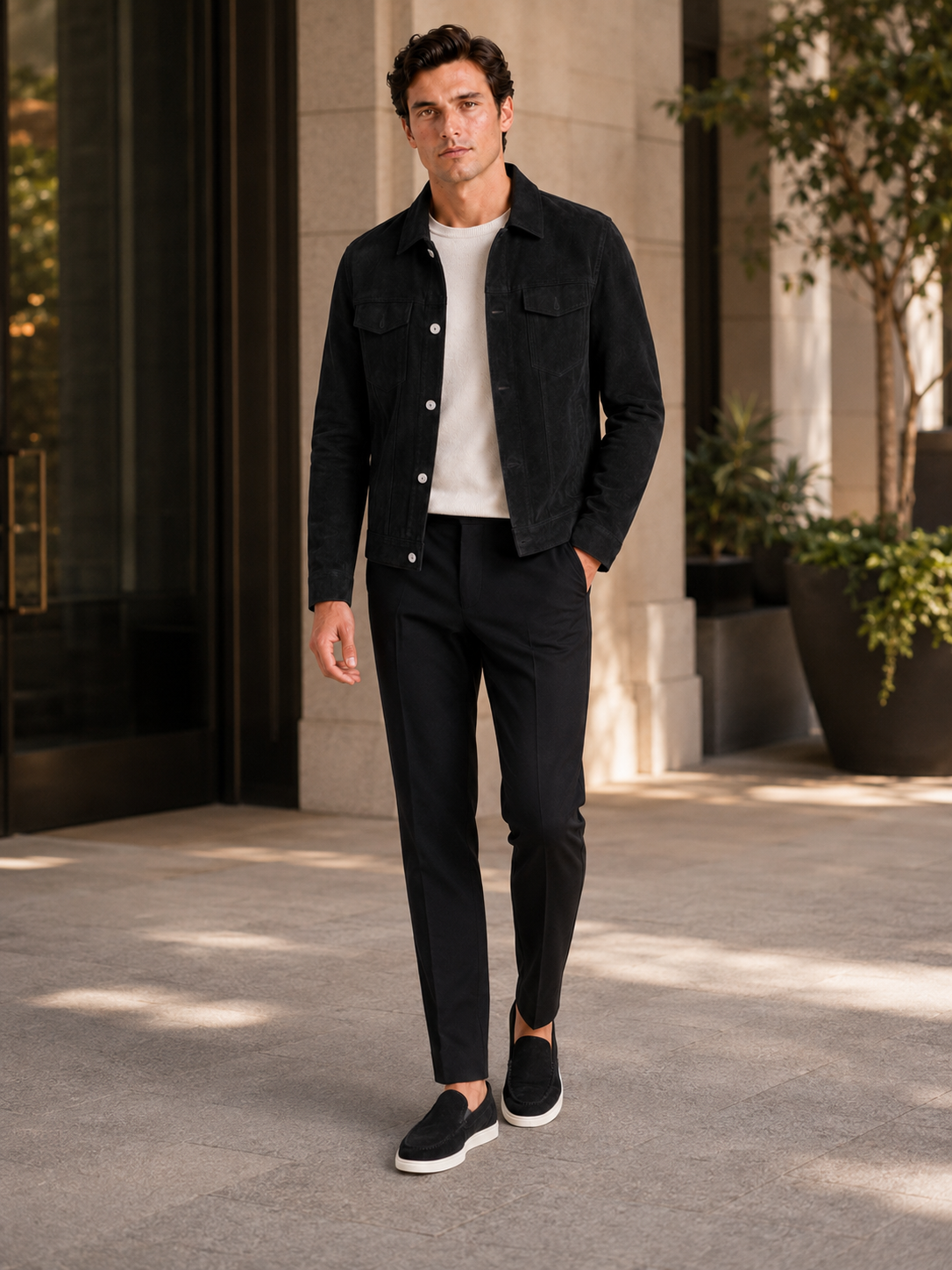 Man styling black suede fall jacket in a sleek everyday lifestyle outfit