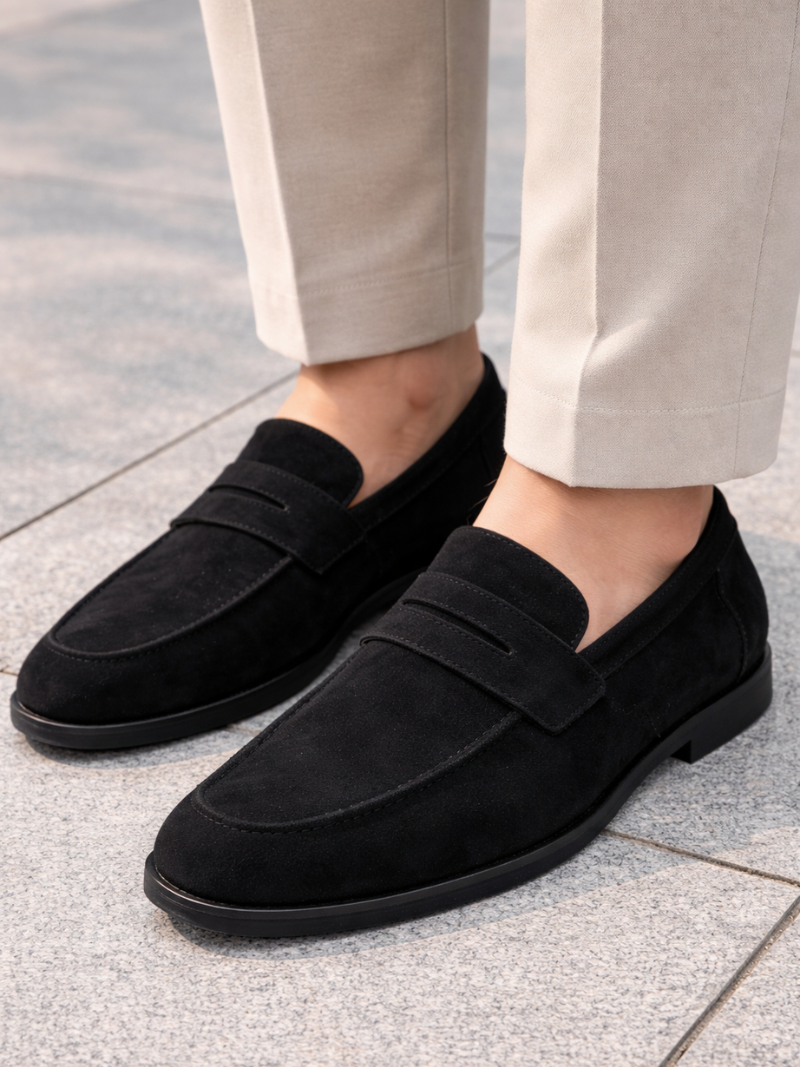 Men wearing black suede leather loafers lightweight slip on driving shoes soft comfortable luxury style