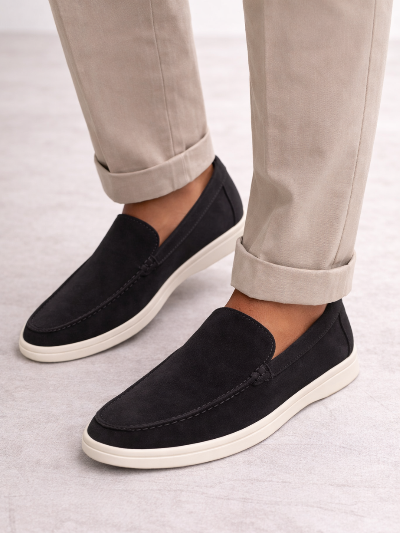 Men wearing black suede leather loafers, sleek slip-on moccasins for smart casual and driving