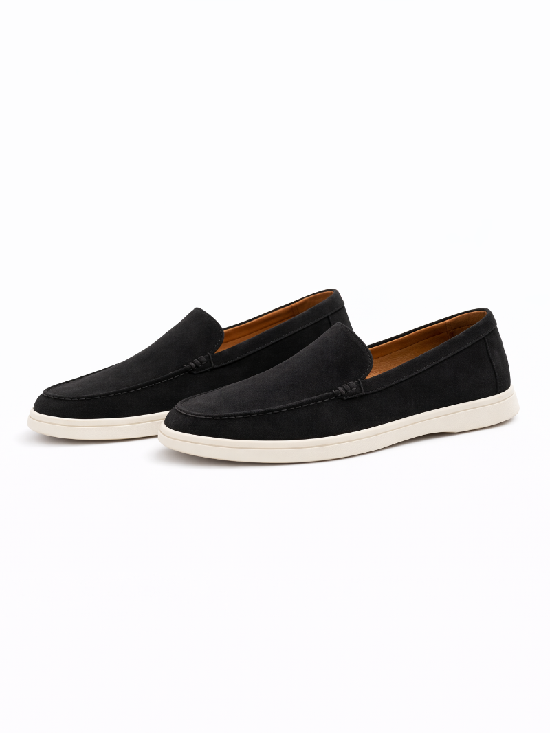 Black suede slip-on loafers for men, soft lightweight British style casual driving shoes