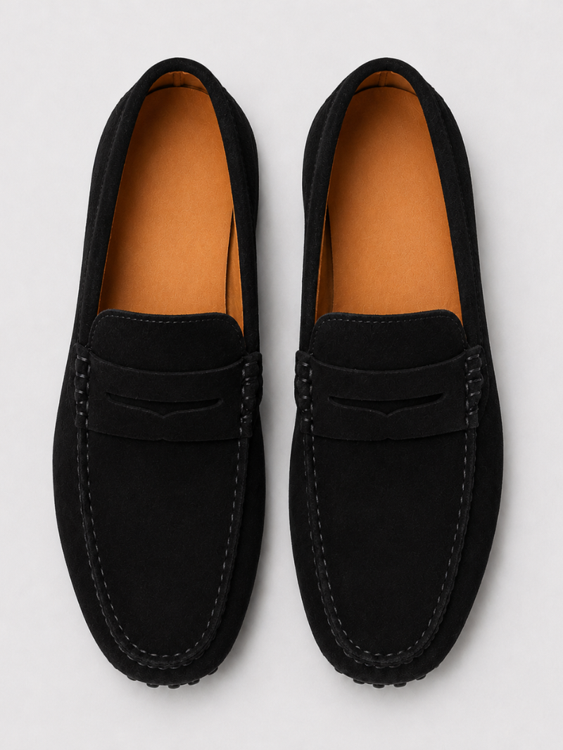 Men’s black suede loafers handmade slip on moccasins soft comfortable smart casual footwear
