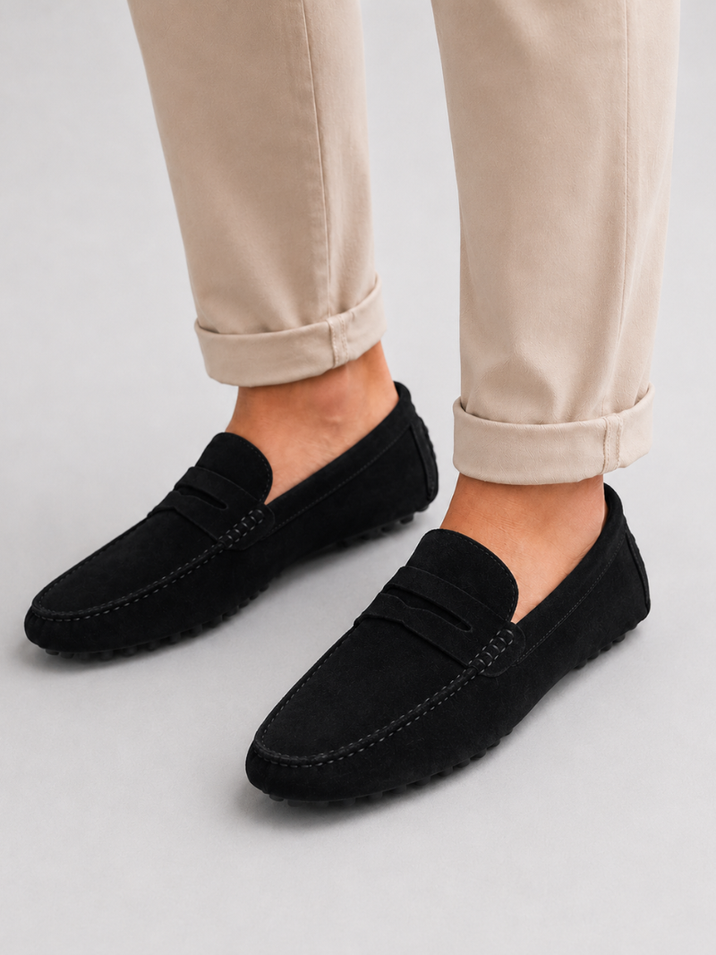 Men wearing black suede penny loafers handmade leather slip on driving shoes for smart casual wear