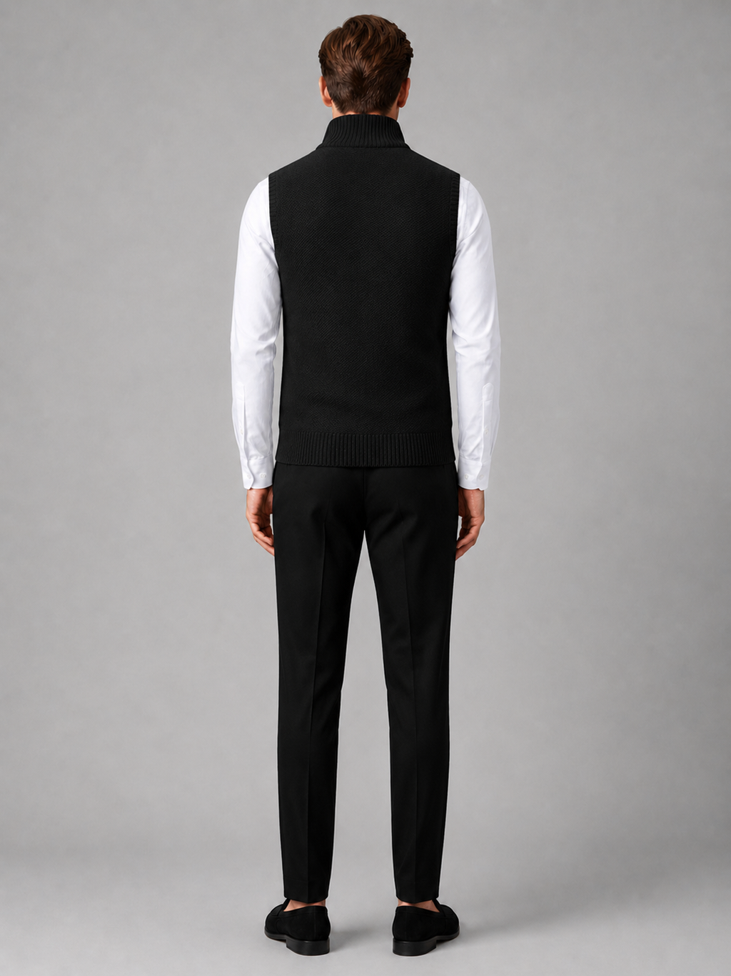 Men’s black stand collar sweater vest comfortable sleeveless knit layer for office and casual outfits