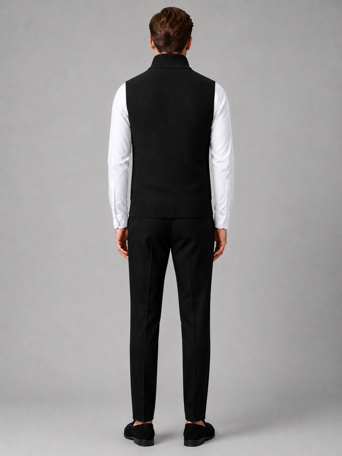 Men’s black stand collar sweater vest comfortable sleeveless knit layer for office and casual outfits