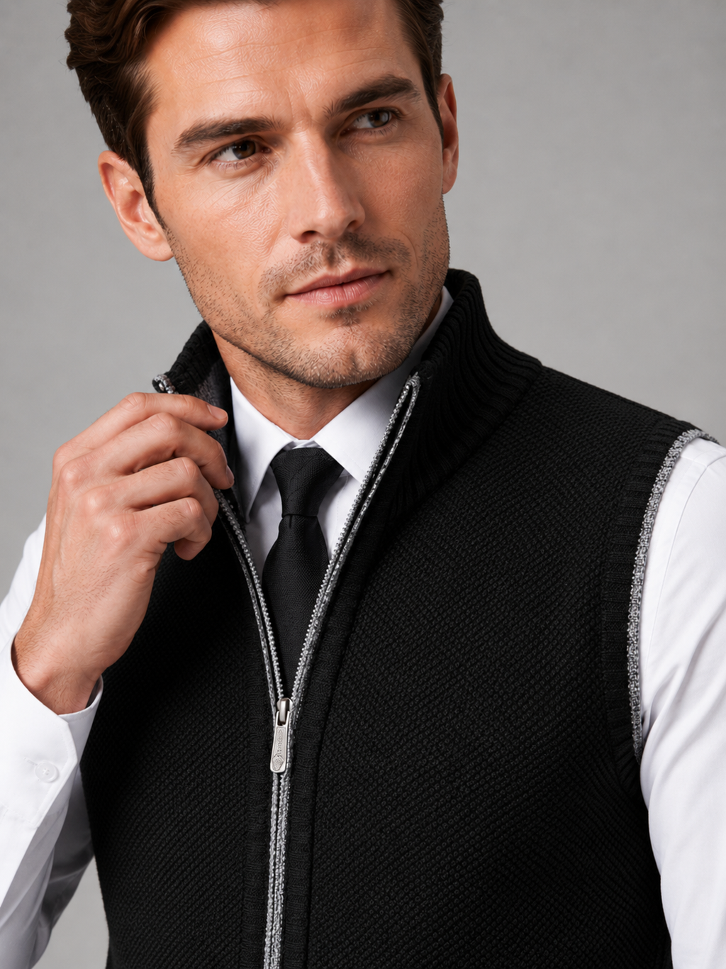 Close up of black full zip sweater vest showing soft knit texture and stand collar zipper detail