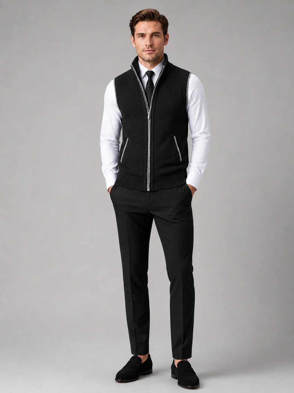 Black full zip sweater vest for men slim fit knit layer for business casual and everyday wear