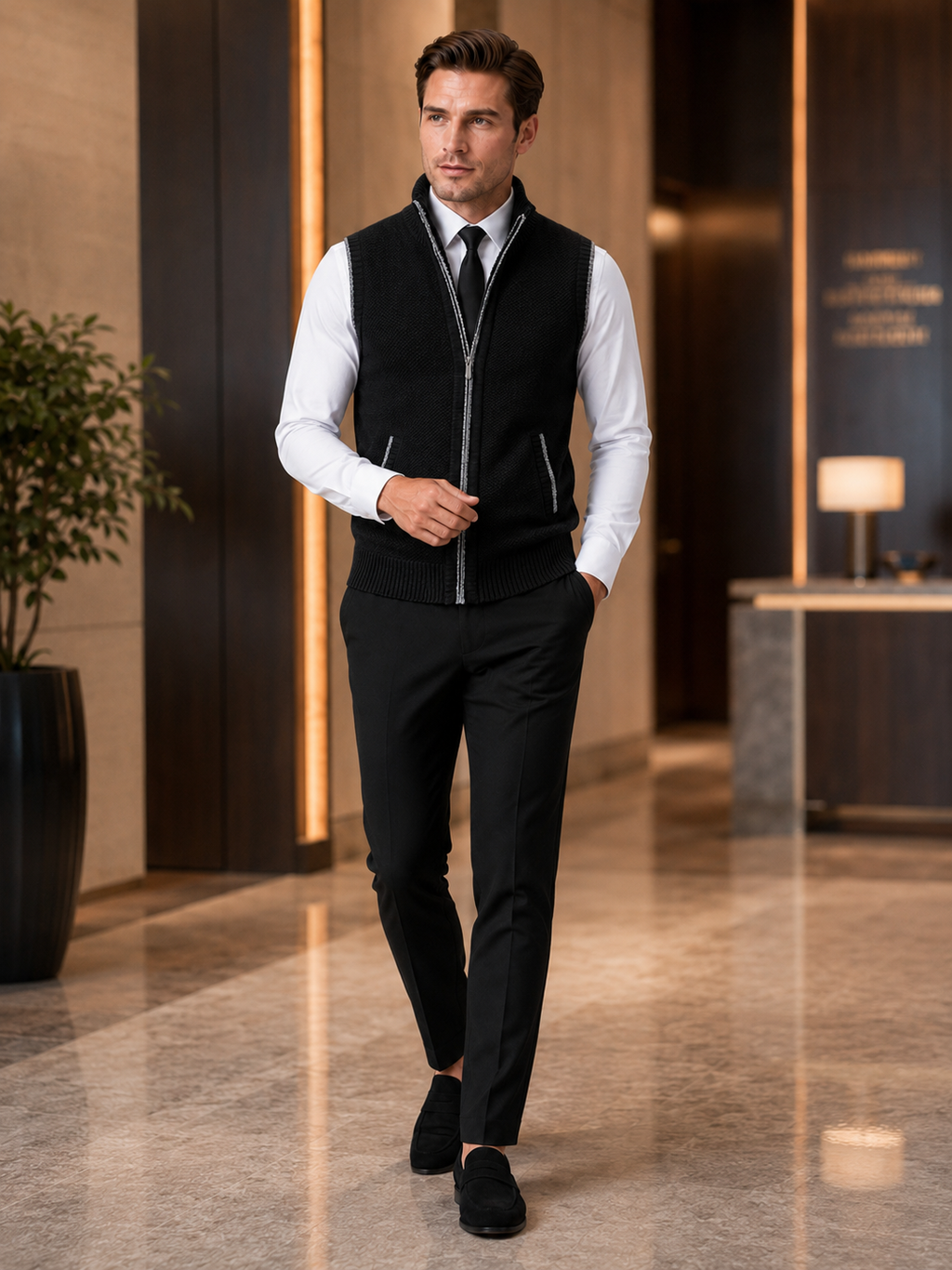 Man styling black full zip sweater vest in a modern business casual and everyday lifestyle outfit