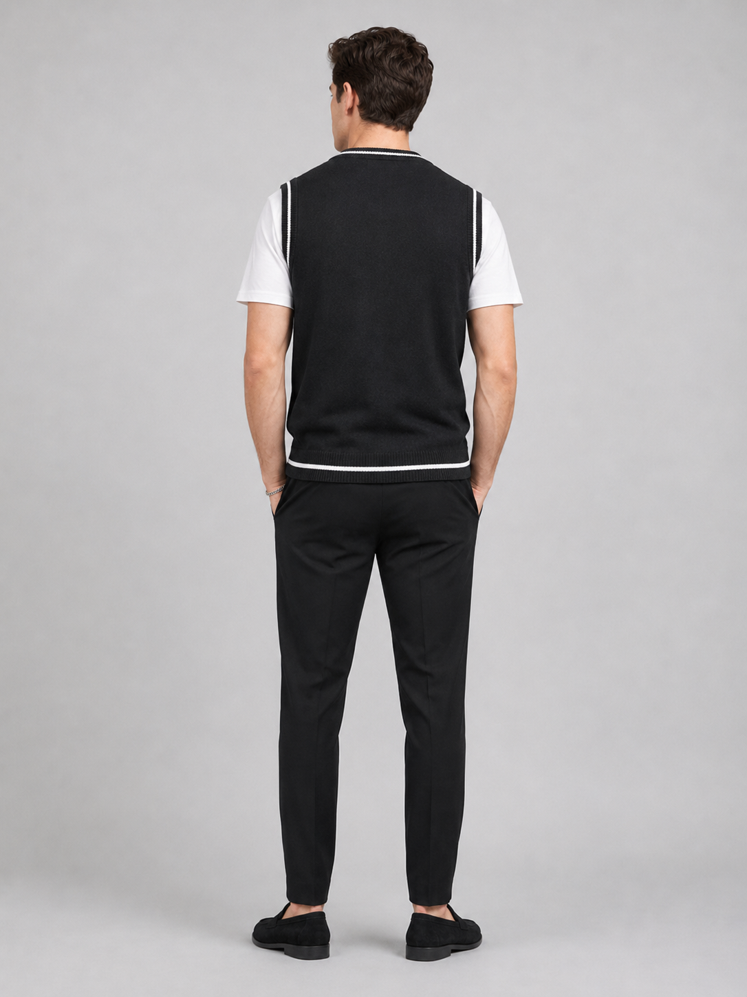 Men’s black patchwork knit sweater vest comfortable sleeveless layer for office and smart casual outfits