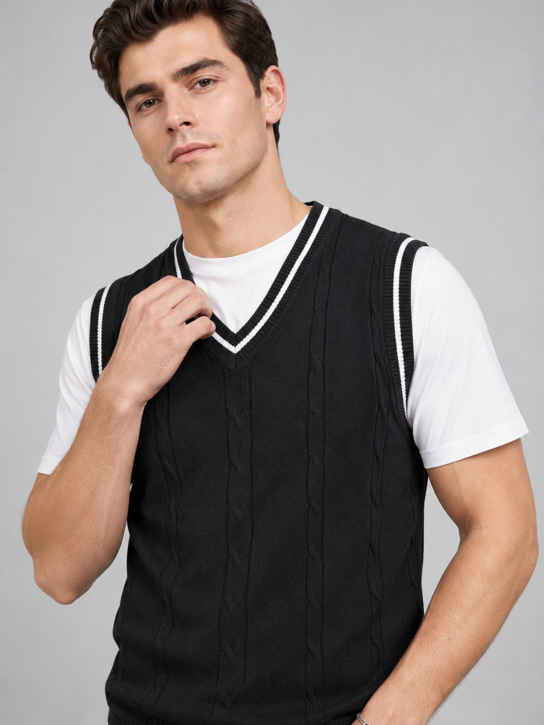 Close up of black patchwork sweater vest showing soft knit texture and classic v neck detail
