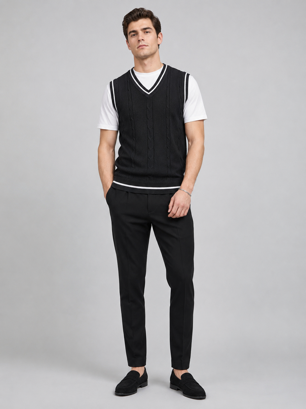 Black v neck sweater vest for men slim fit knit layer for business casual and everyday wear