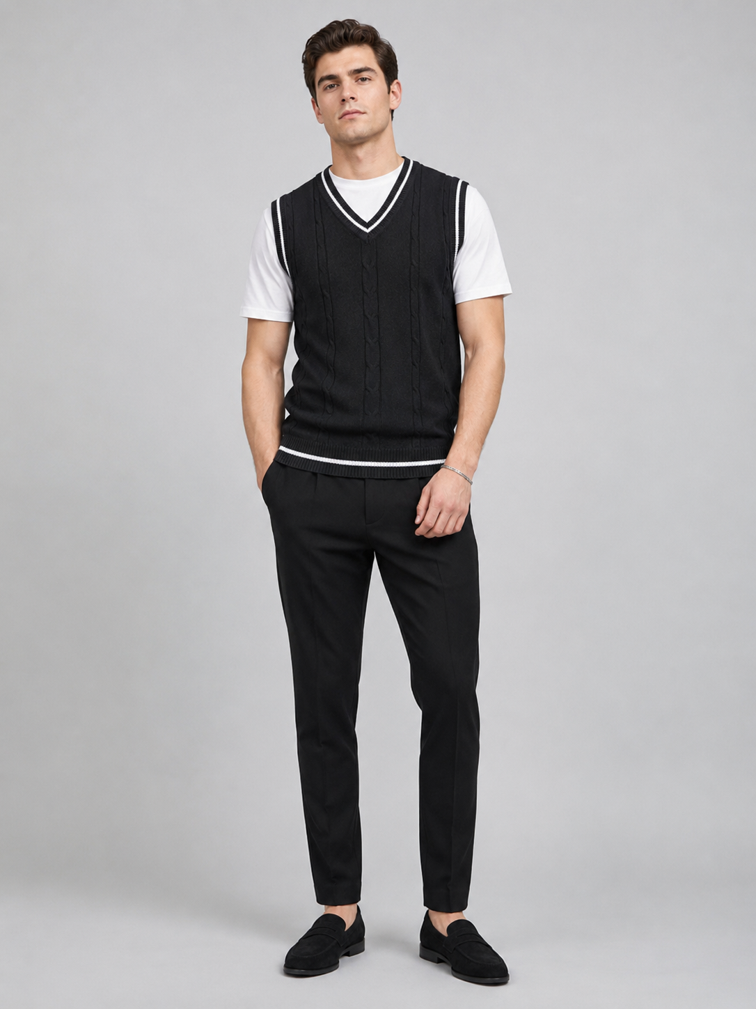 Black v neck sweater vest for men slim fit knit layer for business casual and everyday wear