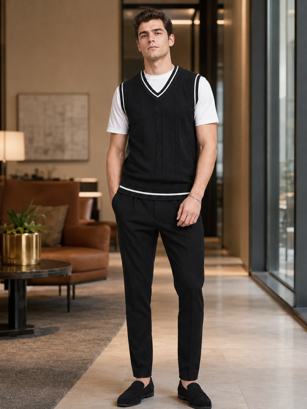 Man styling black v neck sweater vest in a modern business casual and everyday lifestyle outfit