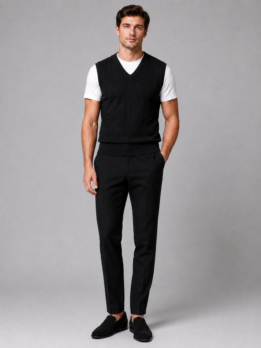 Black sleeveless sweater vest for men warm knit layer for everyday wear