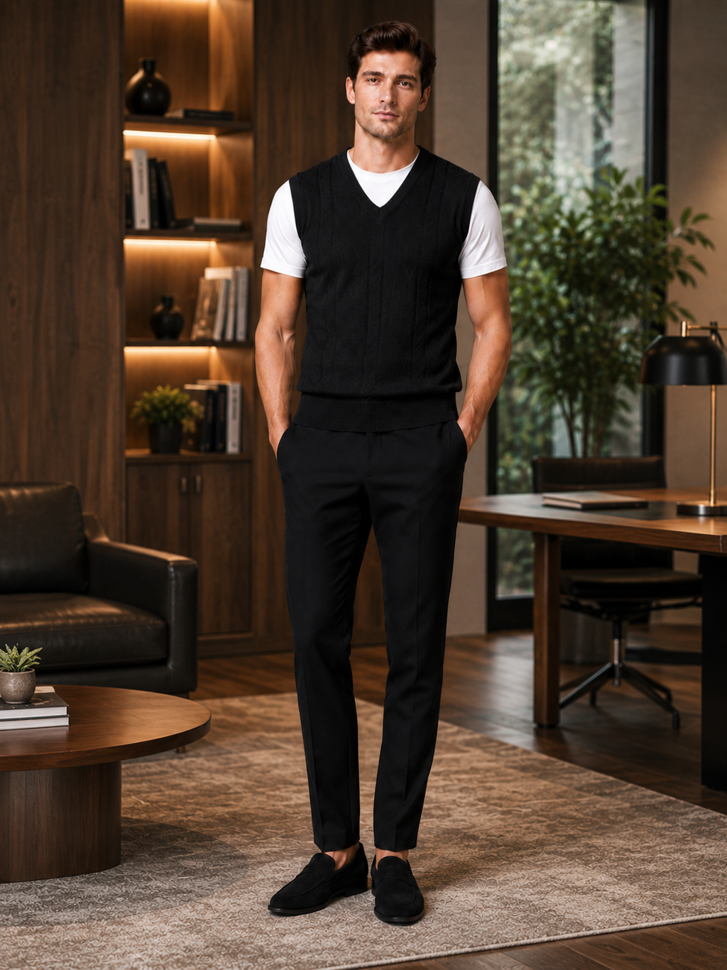 Man styling black v neck sweater vest in a modern business casual everyday outfit