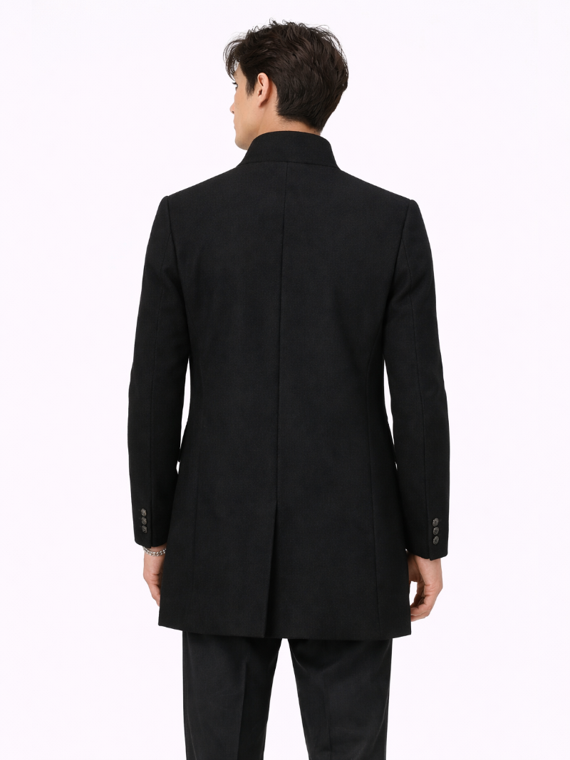 Black wool blend trench coat for men classic tailored coat clean minimal style